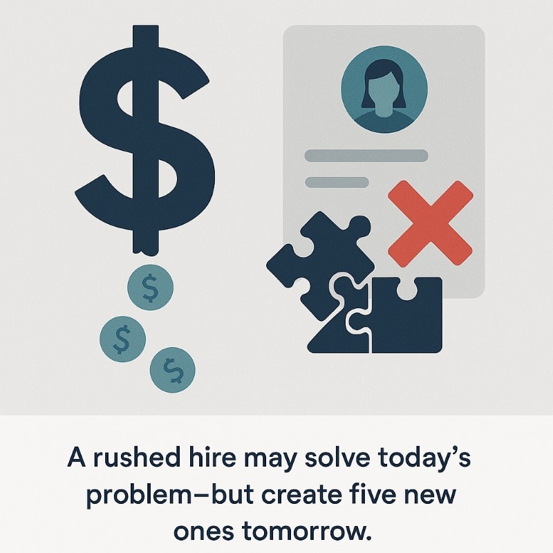 Flat-style infographic showing a navy dollar sign leaking teal coins on the left, symbolizing financial loss. On the right, a hiring profile features a red “X” and several broken or mismatched puzzle pieces, representing poor hiring decisions. Caption reads: “A rushed hire may solve today’s problem—but create five new ones tomorrow.” ChatGPT fragen