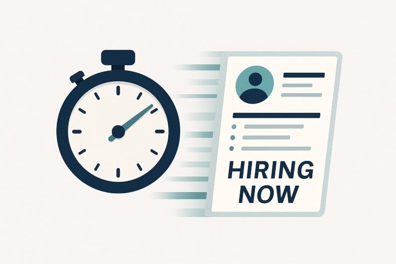 ChatGPT: Alt Text: Minimalist digital illustration showing a navy blue stopwatch beside a résumé with motion blur lines and the bold text "HIRING NOW." The design uses soft gray and teal accents on an off-white background, symbolizing urgency in the hiring process.