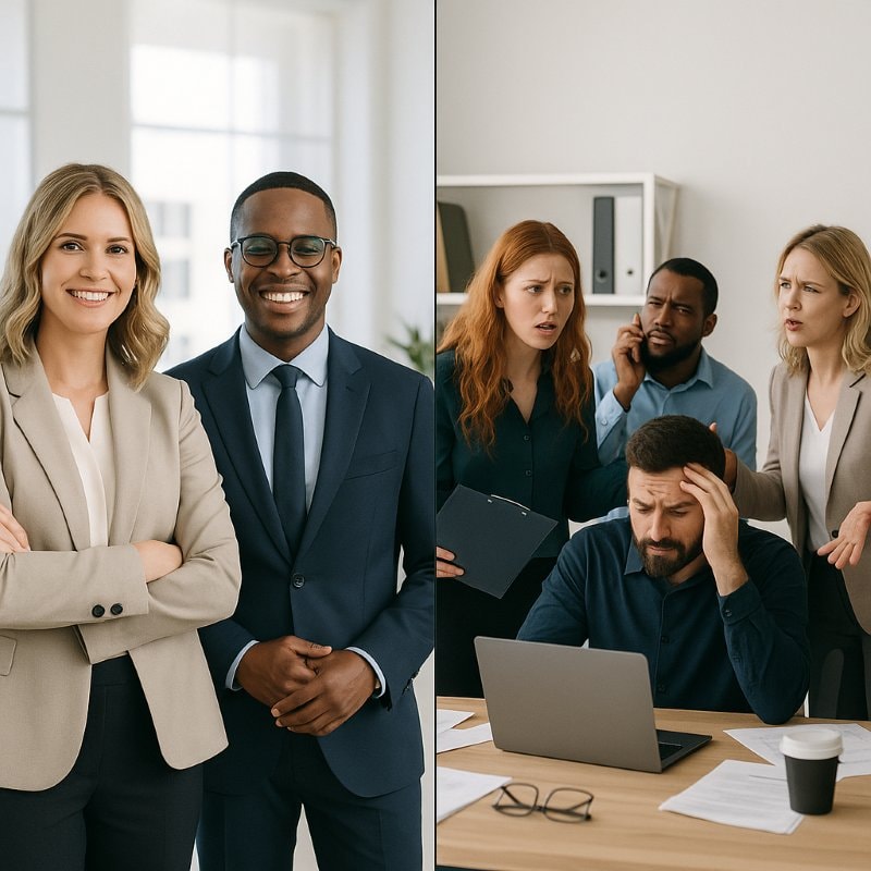 Side-by-side image comparing two office environments. On the left, a confident, well-dressed professional team stands smiling in a bright, organized workspace. On the right, a chaotic office scene shows stressed employees in disarray—one person frustrated at a laptop, another on the phone, and others engaged in tense miscommunication. The contrast highlights effective teamwork versus workplace dysfunction.