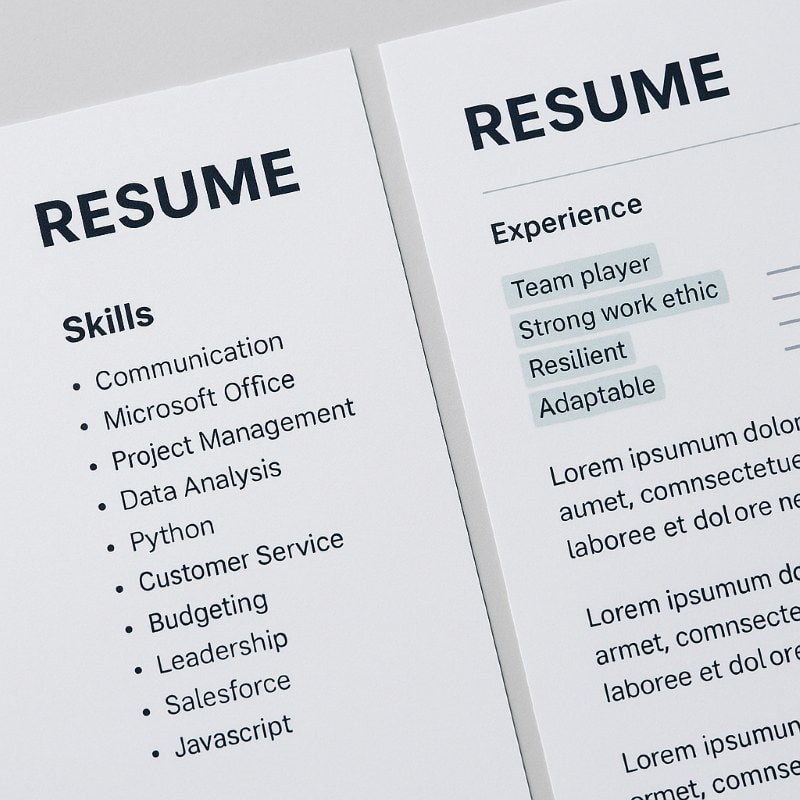 A close-up image of two printed resumes placed side by side on a light gray surface. The left resume lists technical and professional skills such as Python, Project Management, and Data Analysis. The right resume emphasizes soft skills with highlighted phrases like “Team player,” “Strong work ethic,” “Resilient,” and “Adaptable,” illustrating the contrast between hard skills and personal attributes in hiring decisions.
