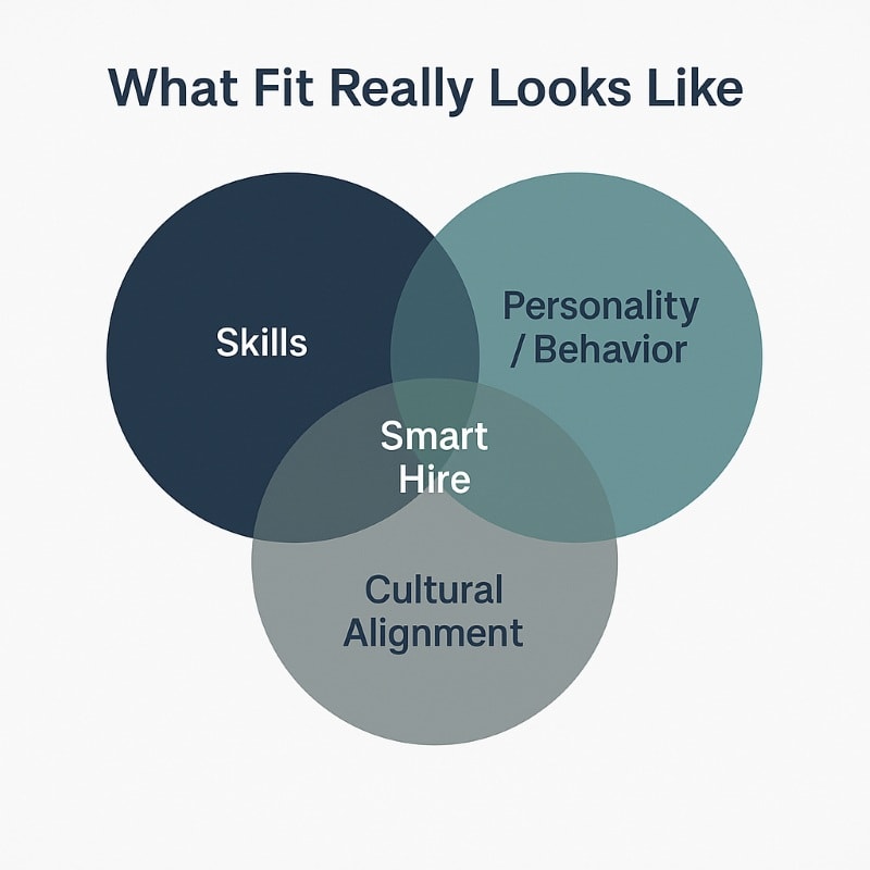 Venn diagram titled "What Fit Really Looks Like" featuring three overlapping circles labeled Skills, Personality/Behavior, and Cultural Alignment. At the center of the overlap is the phrase "Smart Hire." The design is clean and modern, using deep navy, soft teal, and charcoal gray on a light background, matching the OAD brand aesthetic. ChatGPT fragen