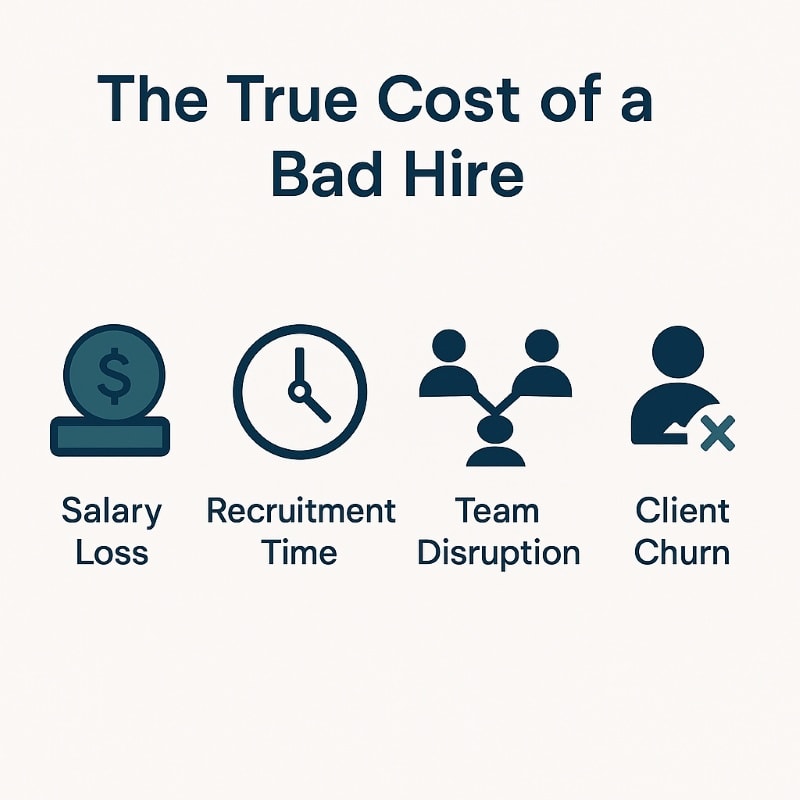 Infographic titled 'The True Cost of a Bad Hire' with four flat-style icons on a light background. The icons represent: Salary Loss (a coin with a dollar sign), Recruitment Time (a clock), Team Disruption (interconnected people), and Client Churn (a user icon with an 'X'). Design uses navy, charcoal, and soft teal tones in a clean, minimalist layout.