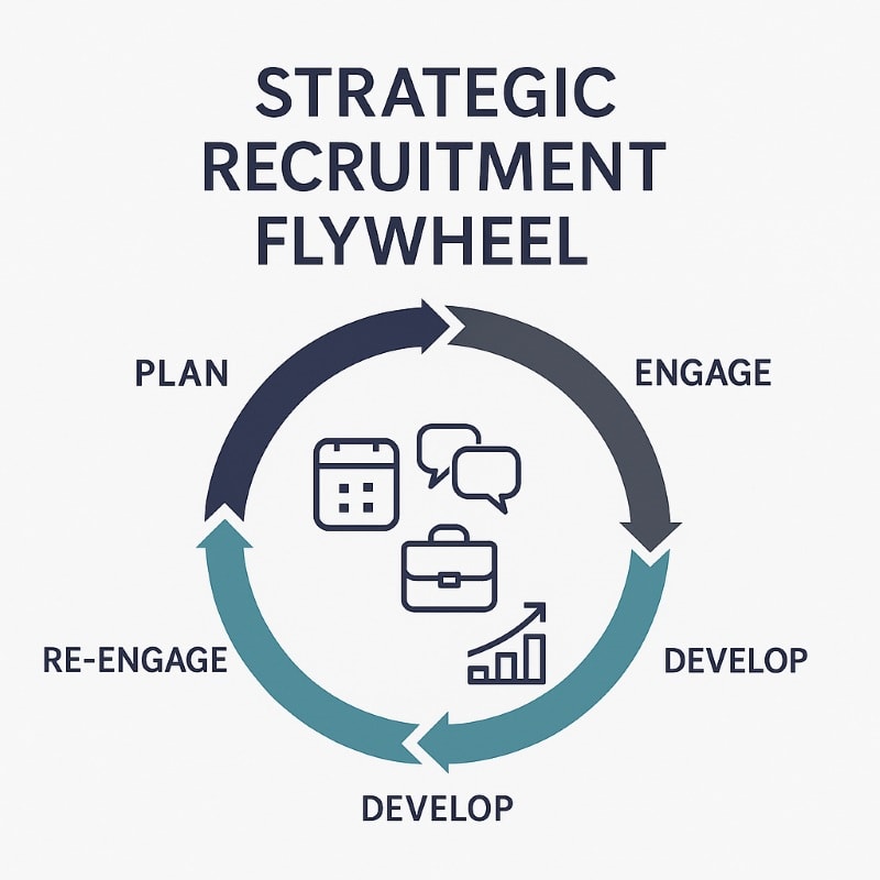 Circular infographic titled “Strategic Recruitment Flywheel” showing a five-phase loop: Plan, Engage, Hire, Develop, and Re-engage. Each stage is represented by a clean icon—calendar, chat bubbles, briefcase, upward graph, and group of people—arranged clockwise in navy and teal arrows. The design is minimalist, on a white background, using OAD’s brand colors and modern typography.