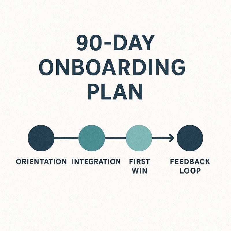 Horizontal timeline graphic titled '90-Day Onboarding Plan,' featuring four connected phases: Orientation, Integration, First Win, and Feedback Loop. Each phase is represented by a circular icon in varying shades of navy and teal, arranged left to right on a clean light background.