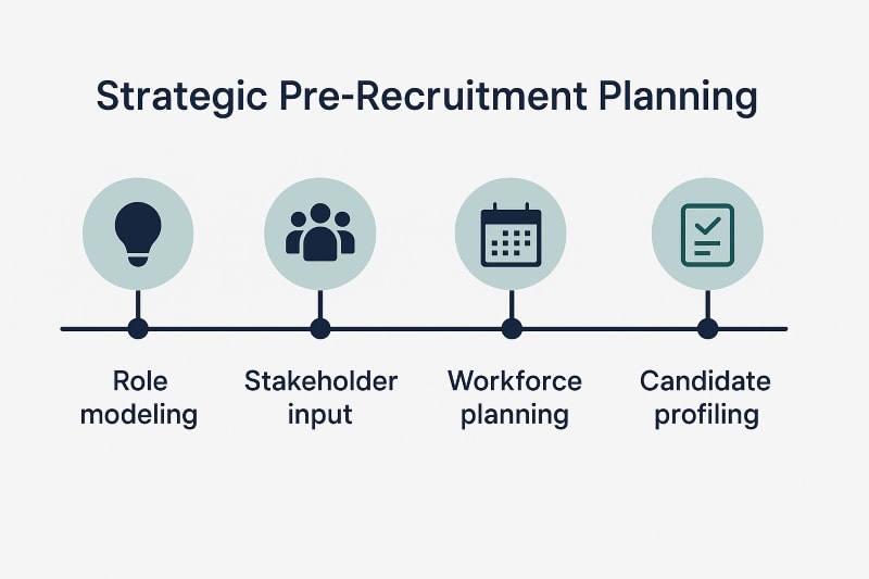 A horizontal timeline infographic titled “Strategic Pre-Recruitment Planning” displayed on a light gray background. The timeline includes four evenly spaced milestones, each with a teal circular icon and dark navy label: a lightbulb for “Role modeling,” a group of people for “Stakeholder input,” a calendar for “Workforce planning,” and a checklist for “Candidate profiling.