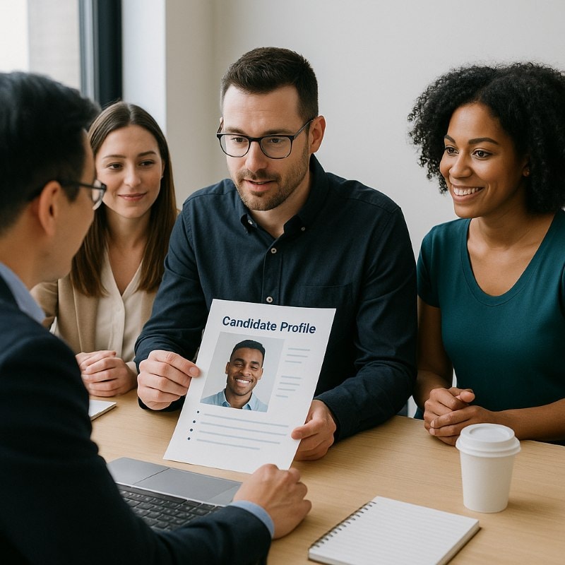 A diverse group of four professionals sits around a modern meeting table in a well-lit office, reviewing a printed candidate profile. A man in glasses holds up the document, while the others—two women and another man—engage in discussion, smiling and attentive. The setting suggests a collaborative evaluation of cultural fit in a hiring process. ChatGPT fragen