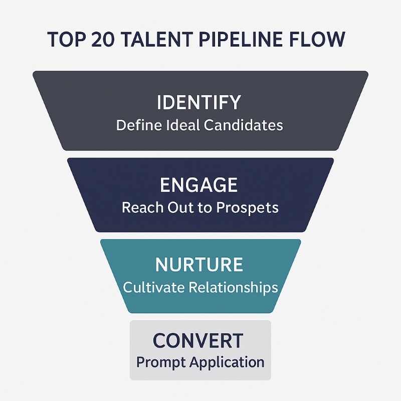 Funnel infographic titled “Top 20 Talent Pipeline Flow” with four stages: Identify (Define Ideal Candidates), Engage (Reach Out to Prospects), Nurture (Cultivate Relationships), and Convert (Prompt Application).