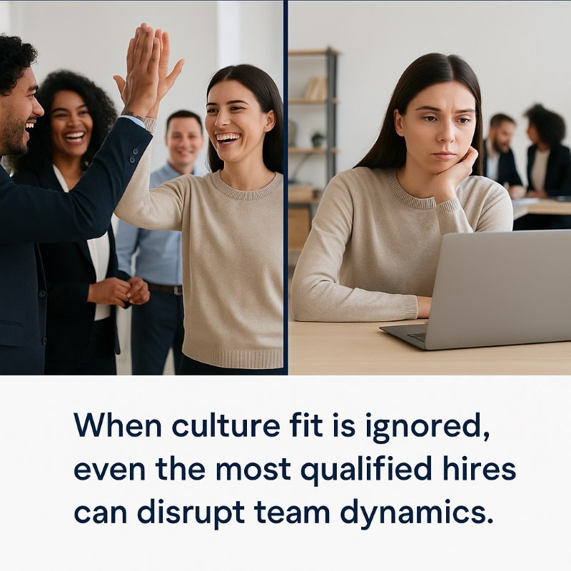 Split-image showing the same new hire in two contrasting workplace scenarios. On the left, she’s smiling and giving a high five while integrating happily with a team. On the right, she sits alone at her desk looking isolated and concerned, while her colleagues collaborate in the background. Caption below reads: “When culture fit is ignored, even the most qualified hires can disrupt team dynamics.” ChatGPT fragen