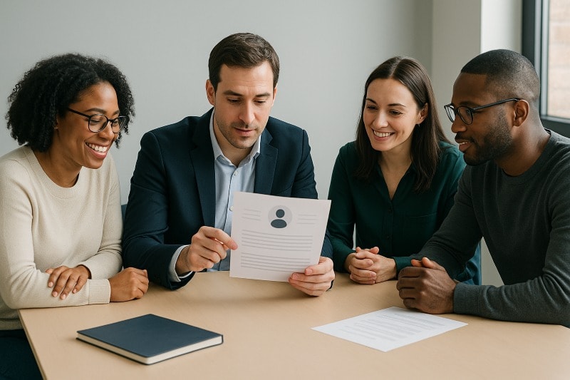 Four diverse professionals sit together at a meeting table in a modern, naturally lit office, reviewing a printed candidate profile. One man holds the document while the others lean in attentively, smiling and engaged in discussion. The scene conveys a collaborative, team-driven hiring process. ChatGPT fragen