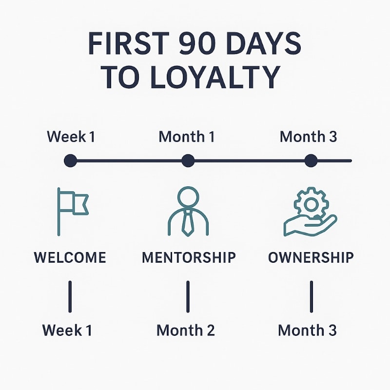 Linear infographic titled “First 90 Days to Loyalty” showing an onboarding timeline with four milestones: Week 1: Welcome (flag icon) Month 1: Mentorship (person with tie icon) Month 2: Feedback (missing in image) Month 3: Ownership (hand holding gear icon) Displayed on a light background with minimalist icons and navy/teal colors in a clean, professional style.