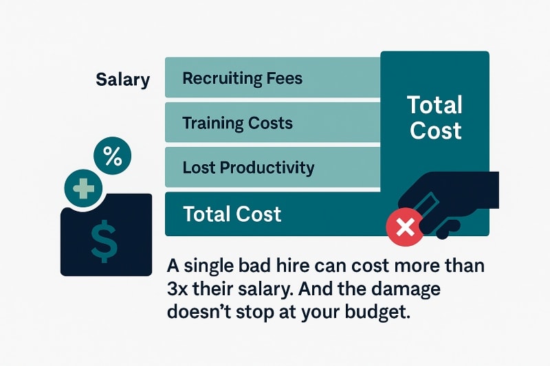 Infographic showing a cost breakdown of a bad hire. Horizontal bars list components like Recruiting Fees, Training Costs, and Lost Productivity, with the final “Total Cost” bar visibly larger than the “Salary” bar. A hand holding a red error symbol emphasizes the mistake. Caption reads: “A single bad hire can cost more than 3x their salary. And the damage doesn’t stop at your budget.” ChatGPT fragen