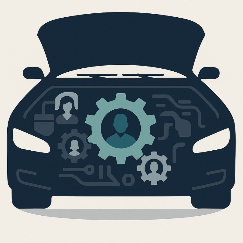 Illustration of a car with its hood open, revealing a stylized engine made of gears containing human silhouettes. The design uses a clean, flat vector style with navy, teal, and gray tones on an off-white background, symbolizing how people are the driving force within a company. ChatGPT fragen