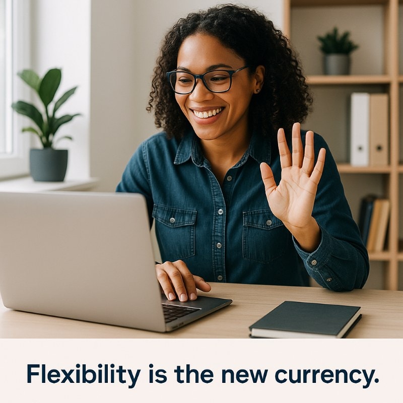 A young African American woman with curly hair smiles and waves during a video call, seated in a bright, cozy home office with a laptop, notebook, and indoor plants. The caption below reads: 'Flexibility is the new currency.'