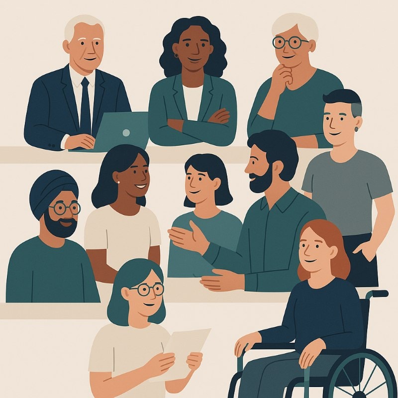 A warm, stylized digital illustration showing eight diverse professionals collaborating in a workplace setting. The group includes individuals of different ethnicities, ages, gender identities, and abilities—one person uses a wheelchair, another wears a turban, and others represent varied hairstyles and skin tones. They are depicted smiling, talking, and working together, emphasizing inclusion, representation, and teamwork across all organizational levels. The background is neutral, and the color palette uses muted teal, navy, and beige tones to match a modern HR brand aesthetic.