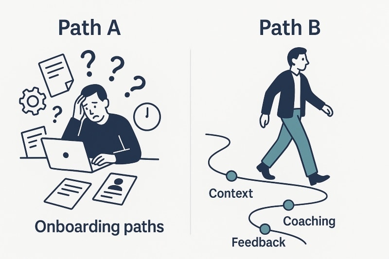 Side-by-side illustration of two onboarding experiences. On the left, "Path A" shows a stressed employee at a cluttered desk surrounded by papers, question marks, and a clock, symbolizing confusion and overload. On the right, "Path B" features a calm employee walking a smooth path marked with checkpoints labeled “Context,” “Coaching,” and “Feedback,” representing a structured and supportive onboarding process. The design uses a minimalist style with navy, teal, and gray tones on a light background. ChatGPT fragen