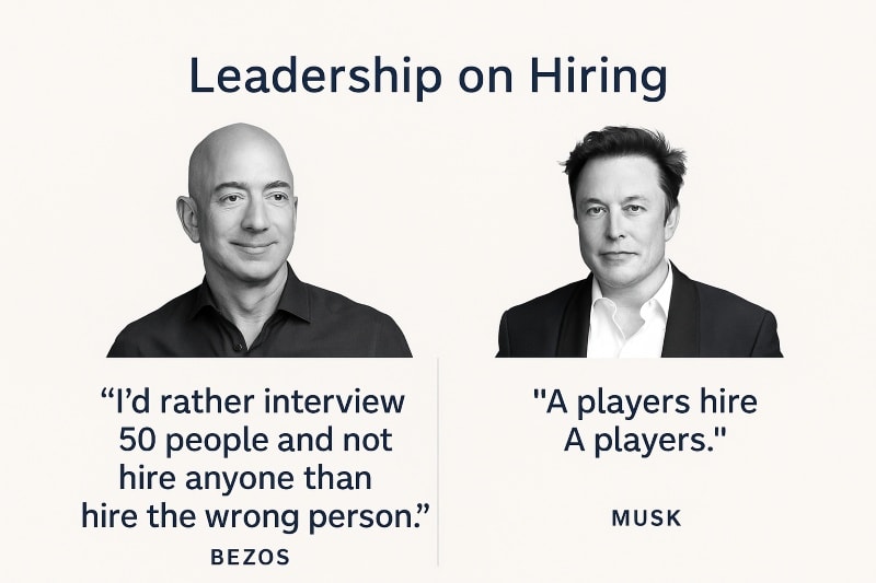 Split-quote graphic titled "Leadership on Hiring" featuring black-and-white portraits of Jeff Bezos and Elon Musk. Bezos’s quote reads, “I’d rather interview 50 people and not hire anyone than hire the wrong person.” Musk’s quote reads, “A players hire A players.” Clean white background with navy-blue text in a modern sans-serif font. ChatGPT fragen