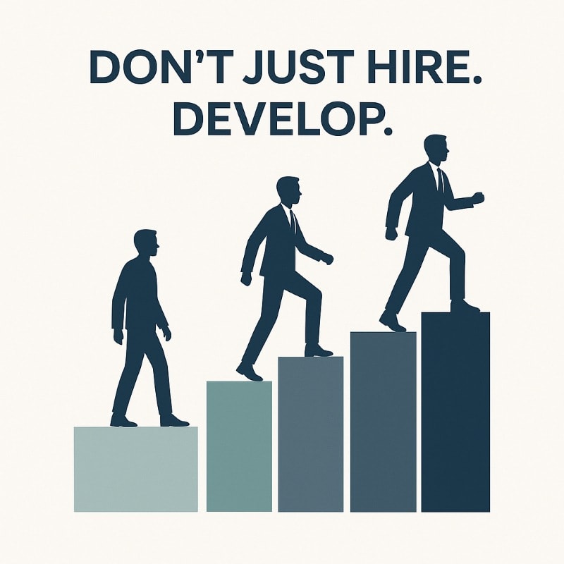 Flat-style digital illustration showing three silhouettes of a professional ascending progressively taller bar steps, symbolizing employee development. Above them, the bold navy text reads “DON’T JUST HIRE. DEVELOP.” The background is off-white, and the bars use varying shades of teal and navy to emphasize growth and progression. ChatGPT fragen