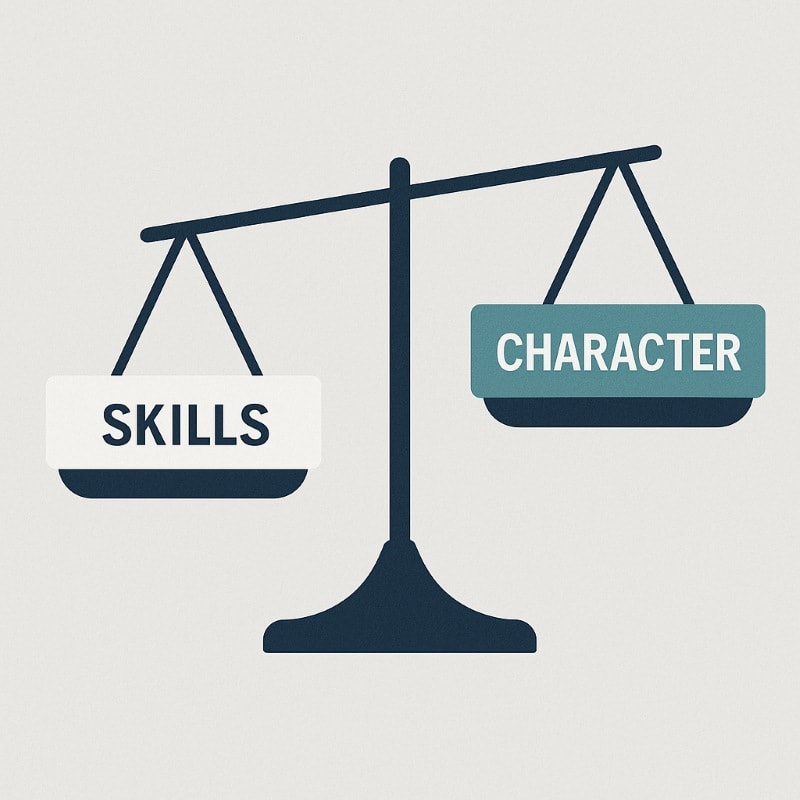 A minimalist digital illustration of a balance scale on a light gray background. The left side is labeled “SKILLS” in dark navy and is raised higher, while the right side, labeled “CHARACTER” in soft teal, is lowered to indicate greater weight. The clean, modern design symbolizes the idea that character carries more importance than skills in hiring decisions. ChatGPT fragen