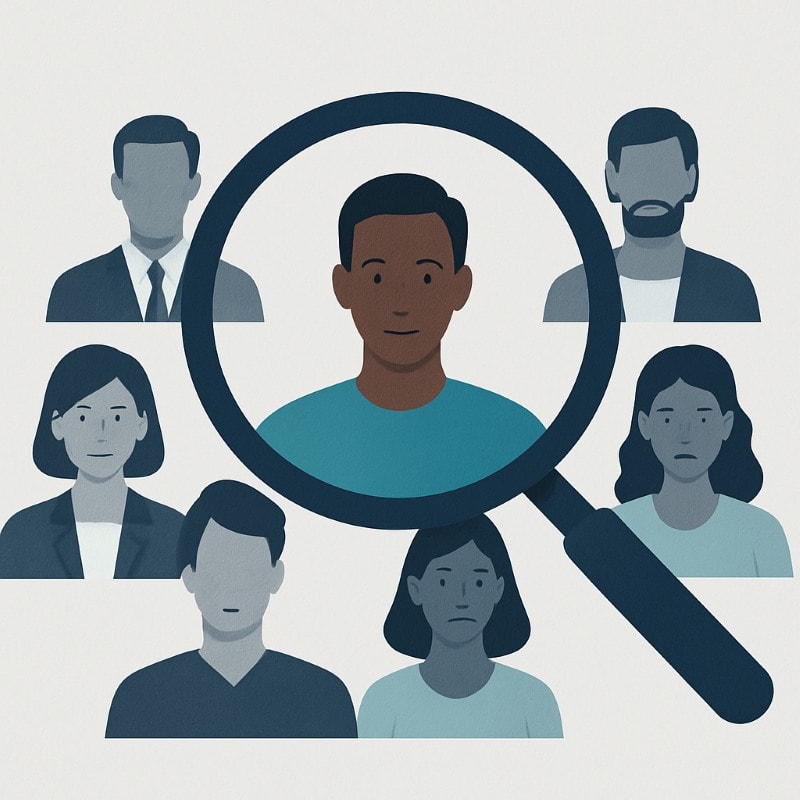 A flat-style digital illustration shows a magnifying glass centered over a diverse group of six candidate profiles. The magnifying glass highlights one standout individual—a smiling African American man in a teal shirt—while the surrounding candidates are shaded in muted navy and gray tones. The scene represents the precision and intentionality of identifying top talent during the hiring process. ChatGPT fragen