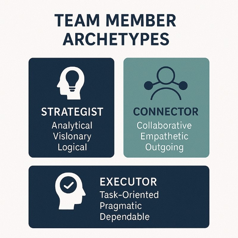 Clean infographic showing three team member archetypes—Strategist, Connector, and Executor—each with a matching icon and traits. Strategist is described as Analytical, Visionary, Logical; Connector as Collaborative, Empathetic, Outgoing; and Executor as Task-Oriented, Pragmatic, Dependable. Design uses navy, teal, and charcoal tones on a light background.