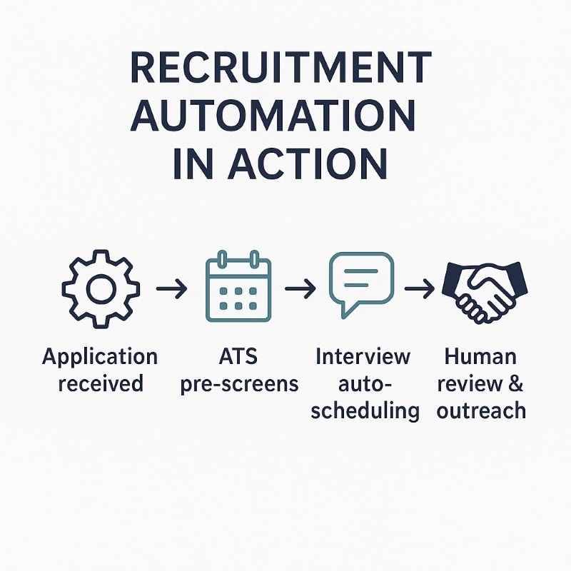 Horizontal infographic titled “Recruitment Automation in Action” showing a four-step workflow: Application received (gear icon) ATS pre-screens (calendar icon) Interview auto-scheduling (chat bubble icon) Human review & outreach (handshake icon) Each step is connected by arrows, with a clean layout and OAD-style colors: navy, teal, and gray on a light background.