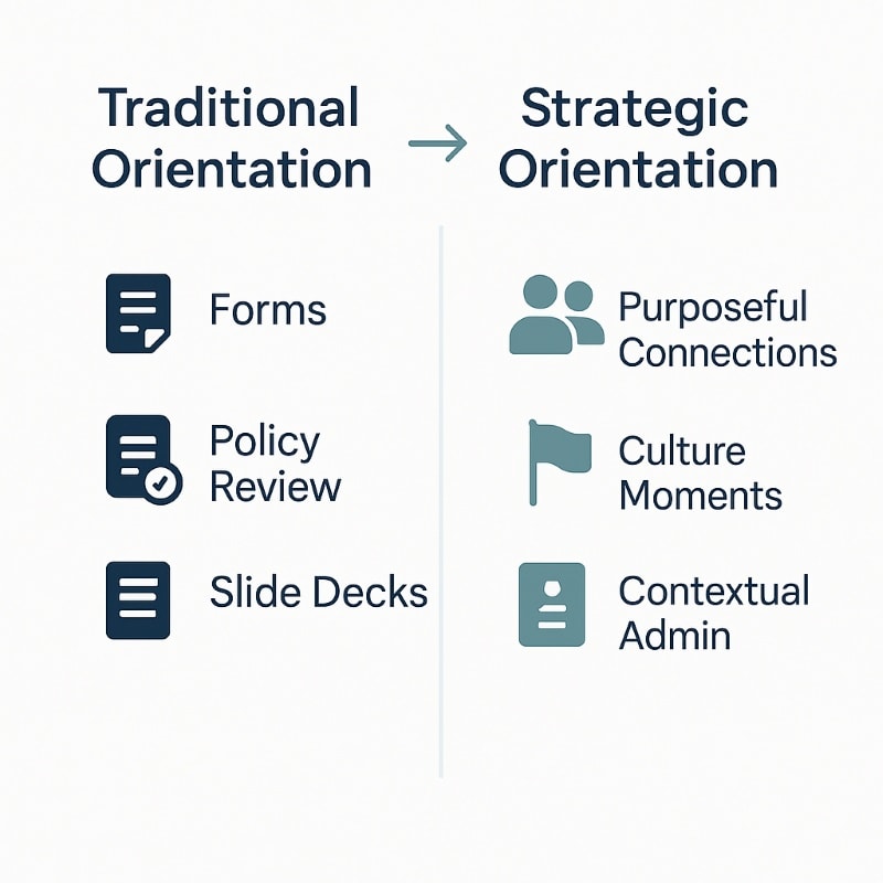 A two-column infographic comparing “Traditional Orientation” and “Strategic Orientation” in onboarding. The left column lists “Forms,” “Policy Review,” and “Slide Decks” with matching navy icons. The right column presents “Purposeful Connections,” “Culture Moments,” and “Contextual Admin,” each paired with soft teal icons. A thin vertical line separates the two columns, with a rightward arrow indicating a transformation from traditional to strategic. The design is clean and modern with a light background. ChatGPT fragen