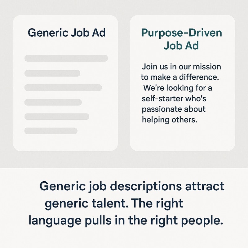 Side-by-side graphic comparing two job ads. The left ad is labeled “Generic Job Ad” and features gray bullet points and placeholder lines, symbolizing bland content. The right ad is labeled “Purpose-Driven Job Ad” and contains clear, engaging text: “Join us in our mission to make a difference. We’re looking for a self-starter who’s passionate about helping others.” Caption below reads: “Generic job descriptions attract generic talent. The right language pulls in the right people.” ChatGPT fragen