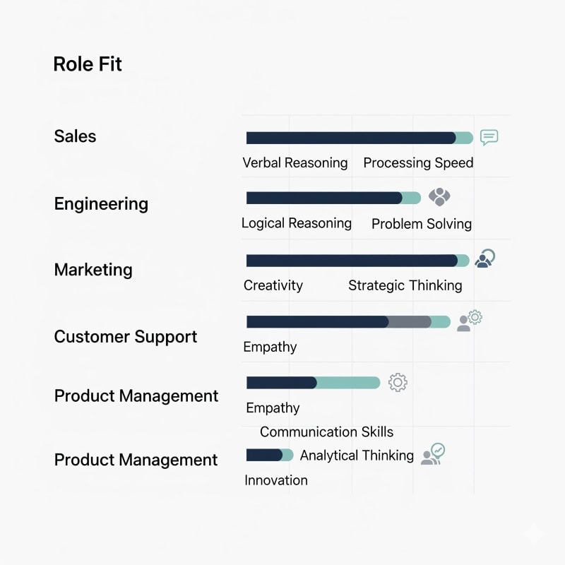 Role Fit chart demonstrating the alignment of cognitive skills with different job roles. Examples include Sales (Verbal Reasoning, Processing Speed), Engineering (Logical Reasoning, Problem Solving), Marketing (Creativity, Strategic Thinking), Customer Support (Empathy), and Product Management (Empathy, Communication Skills; Analytical Thinking, Innovation). The visual uses progress bars and icons to represent the importance of skills for each role, in a clean, professional style with a dark navy, soft teal, and light gray color palette, suitable for HR software.