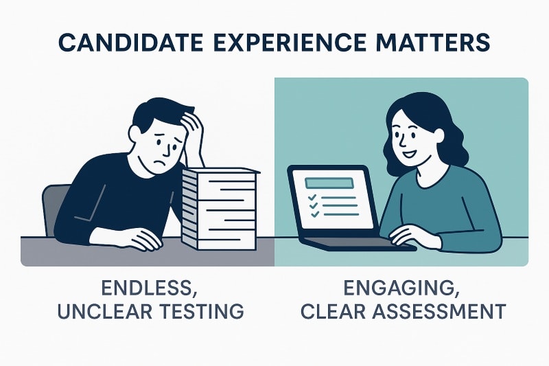 Split-screen illustration titled Candidate Experience Matters: left shows a frustrated candidate with endless, unclear testing, while right shows a happy candidate completing an engaging, clear assessment — emphasizing the impact of assessment design on candidate experience.