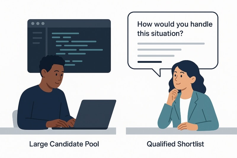 Side-by-side illustration of pre-employment assessments: left shows a candidate coding in a simulated test, right shows a candidate answering situational scenario questions, highlighting methods to evaluate job skills and judgment.