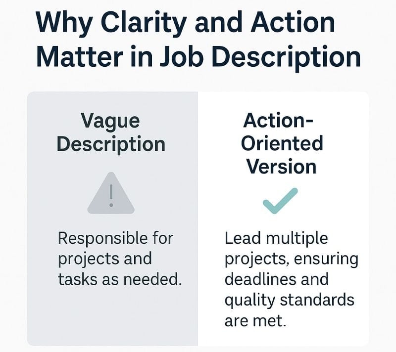 Infographic comparing vague versus action-oriented job descriptions. Left side shows vague text ‘Responsible for projects and tasks as needed.’ Right side shows clear, action-oriented text ‘Lead multiple projects, ensuring deadlines and quality standards are met.’ Emphasizes how clarity and action improve job descriptions.