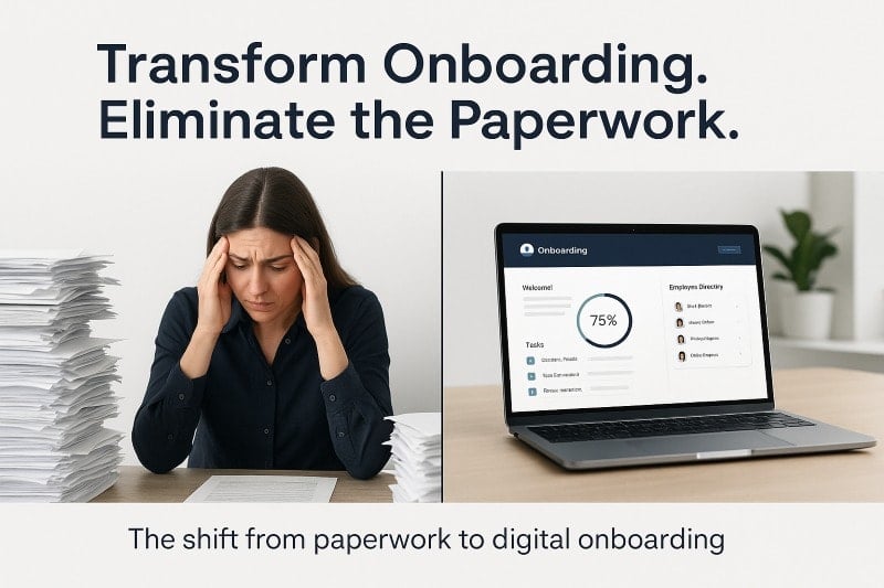 Split-screen hero banner showing stressed HR staff with piles of paperwork on the left and a laptop displaying a digital onboarding dashboard on the right, highlighting the shift from paperwork to digital onboarding.