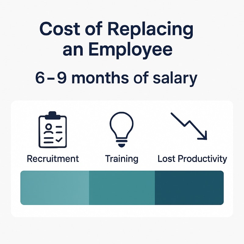 nfographic showing the cost of replacing an employee equals 6–9 months of salary, with a breakdown into recruitment, training, and lost productivity costs.