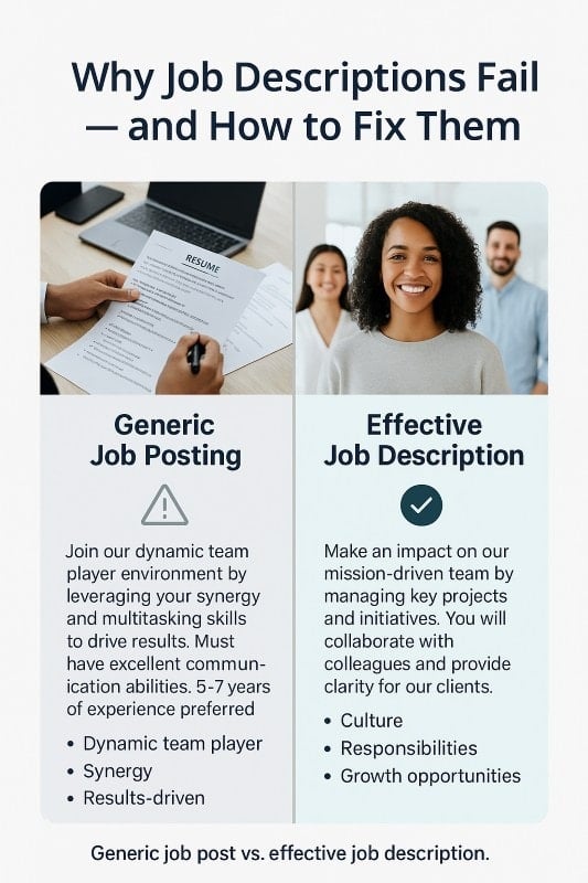 Side-by-side infographic comparing a generic job posting filled with jargon versus an effective job description that highlights culture, responsibilities, and growth opportunities. Professional workplace photos emphasize clarity and human connection in hiring.