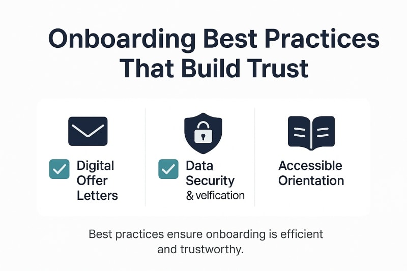 “Infographic checklist of onboarding best practices with icons: digital offer letters, data security and verification, and accessible orientation, highlighting efficient and trustworthy onboarding processes.