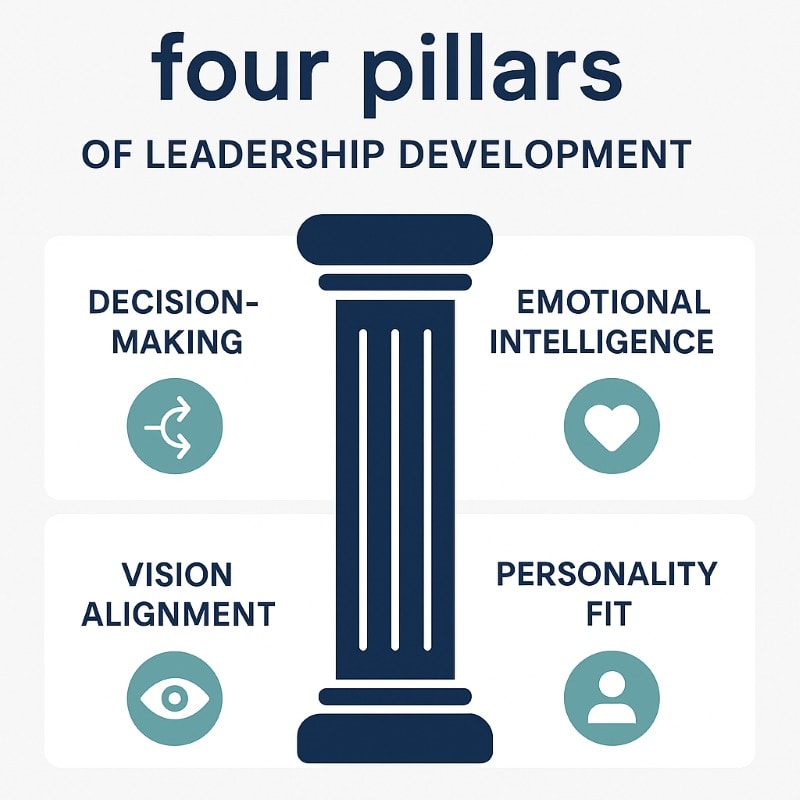 Infographic illustrating the four pillars of leadership development — decision-making, emotional intelligence, vision alignment, and personality fit — in a structured framework.