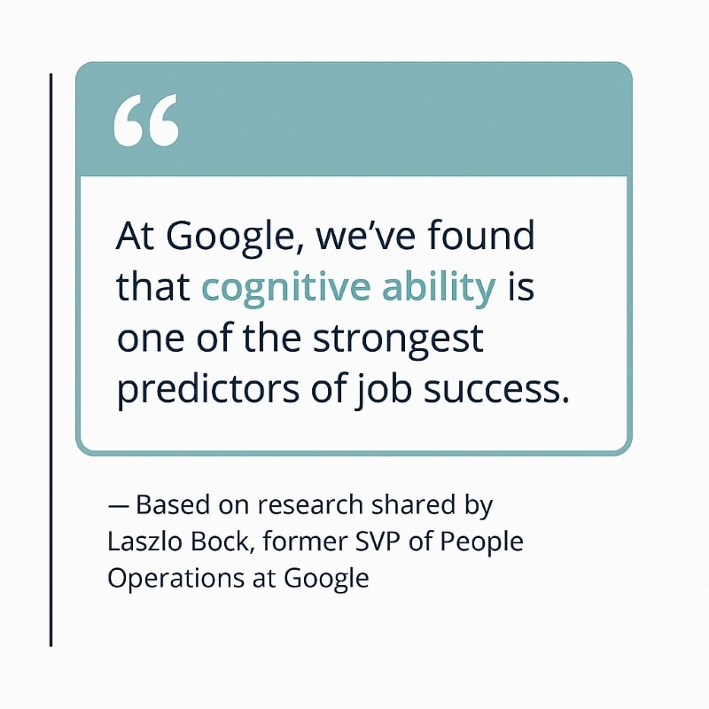 A clean, professional quote graphic with a light gray background. A soft teal speech bubble contains the quote: “At Google, we’ve found that cognitive ability is one of the strongest predictors of job success.” The phrase “cognitive ability” is highlighted in teal. A thin navy vertical line runs along the left edge of the design for visual structure. Below the quote, in smaller navy text, is the attribution: “— Based on research shared by Laszlo Bock, former SVP of People Operations at Google.” The layout is minimalist and executive in tone, consistent with OAD branding.