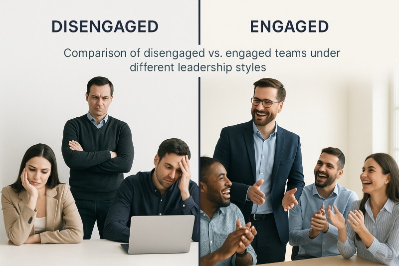 Side-by-side comparison of disengaged employees under poor leadership versus motivated, engaged team with supportive leader in a workplace setting.