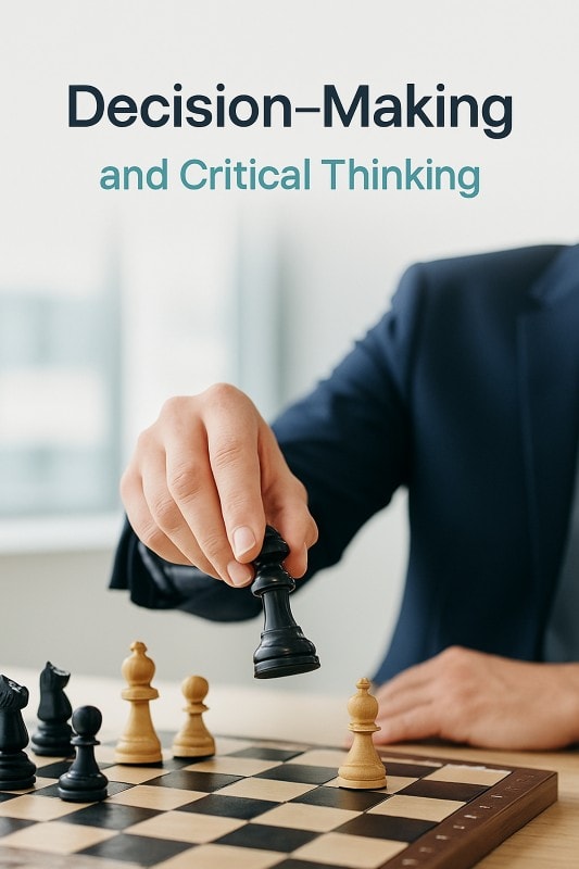 Business leader in navy suit making a strategic move on a chessboard, symbolizing critical thinking and decision-making skills in leadership.