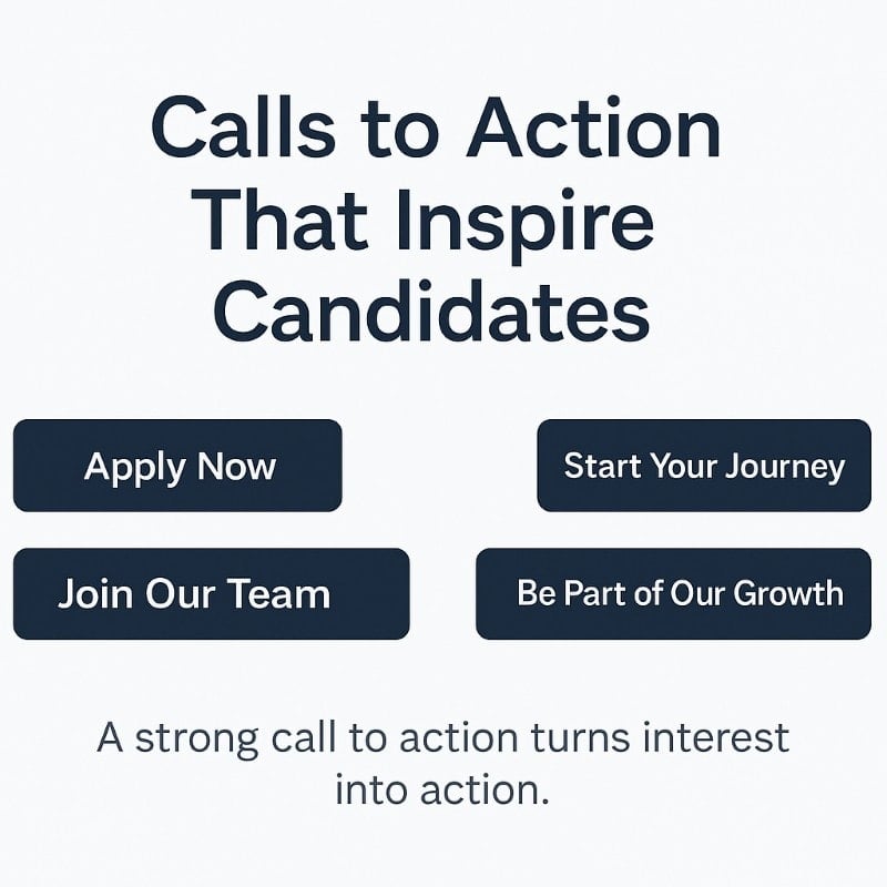Infographic showcasing recruitment call-to-action button examples: Apply Now, Start Your Journey, Join Our Team, and Be Part of Our Growth. Highlights how strong CTAs convert candidate interest into action.