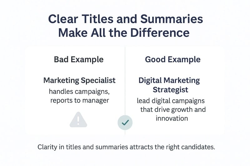 Infographic comparing a bad job description example versus a good one. Left side shows ‘Marketing Specialist — handles campaigns, reports to manager.’ Right side shows ‘Digital Marketing Strategist — lead digital campaigns that drive growth and innovation.’ Caption emphasizes clarity in titles and summaries attracts the right candidates.