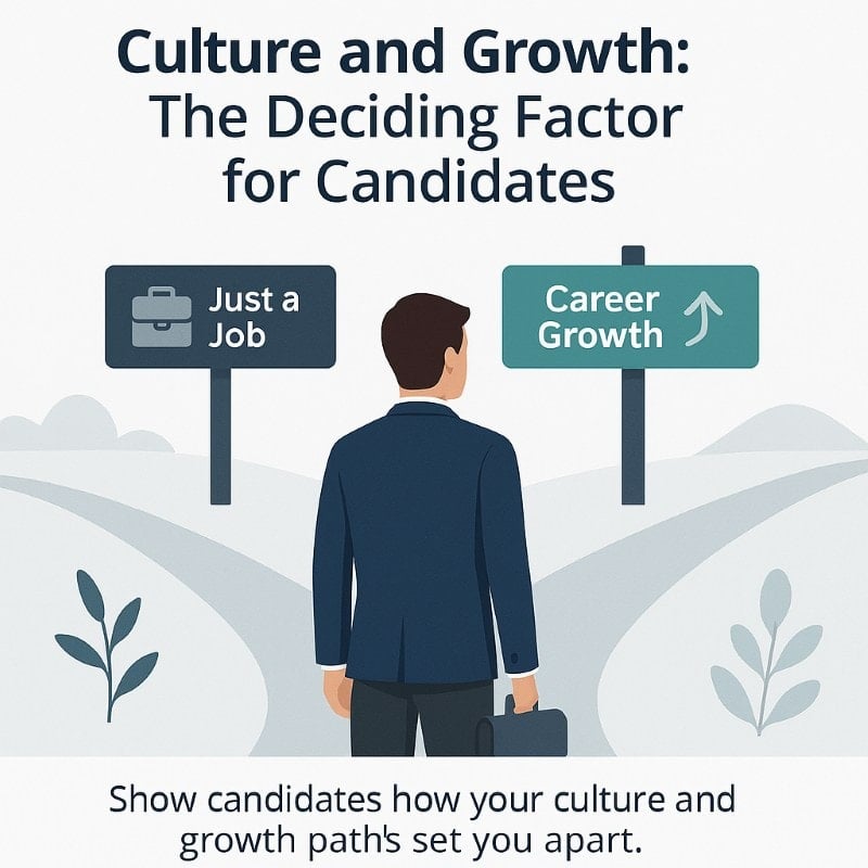 Professional illustration of a job candidate standing at a crossroads with two paths: one sign labeled ‘Just a Job’ and the other ‘Career Growth,’ symbolizing how company culture and advancement opportunities influence candidate decisions.