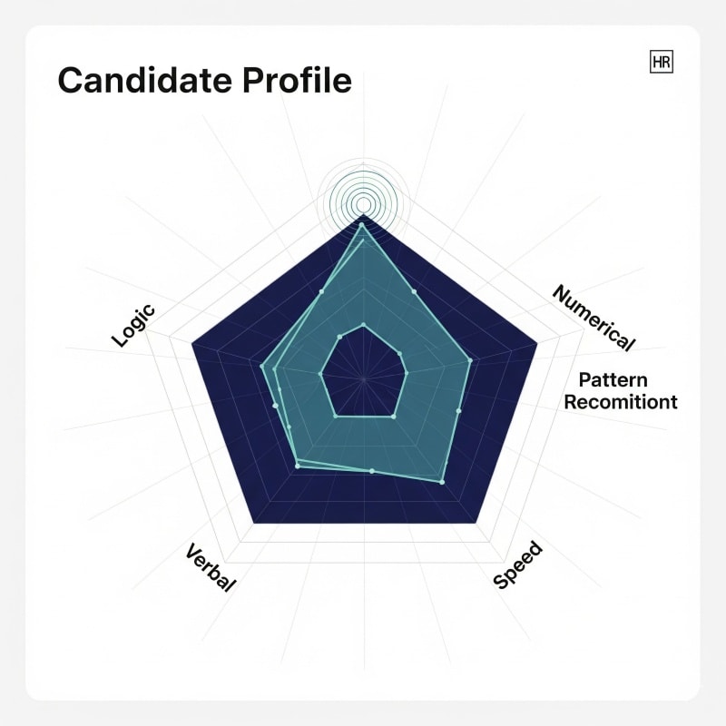 Radar chart displaying a 'Candidate Profile' across five abilities: Logic, Verbal, Numerical, Pattern Recognition, and Speed. The chart shows a candidate's strengths and weaknesses, forming a 'thinking fingerprint,' using shades of deep navy and soft teal against a light background, in a modern, professional, data-driven style for HR software.