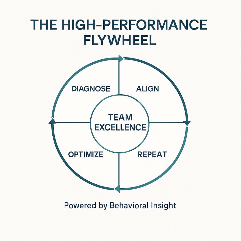 An infographic titled ‘The High-Performance Flywheel’ features a circular diagram with four labeled segments: Diagnose, Align, Develop, and Optimize, arranged in a clockwise loop. At the center is a circle labeled ‘Team Excellence.’ Below the flywheel, the phrase ‘Powered by Behavioral Insight’ appears. The design is clean and minimal, using navy and teal tones on a light background.