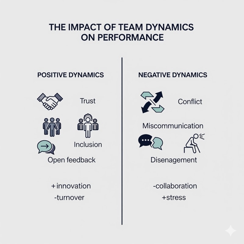 Graphic illustrating the impact of team dynamics on performance. Left side, "Positive Dynamics," shows icons for trust, inclusion, and open feedback, leading to increased innovation and reduced turnover. Right side, "Negative Dynamics," shows icons for conflict, miscommunication, and disengagement, leading to decreased collaboration and increased stress.
