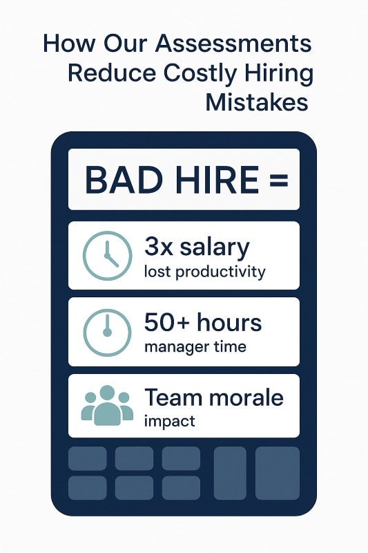 Infographic showing the hidden costs of a bad hire in HR. Calculator-style graphic highlights that a bad hire leads to 3x salary lost productivity, 50+ hours of manager time, and negative team morale impact.