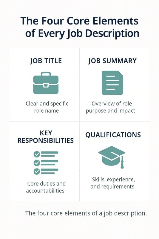 Infographic illustrating the four core elements of a job description: job title, job summary, key responsibilities, and qualifications, with clean icons and professional design.