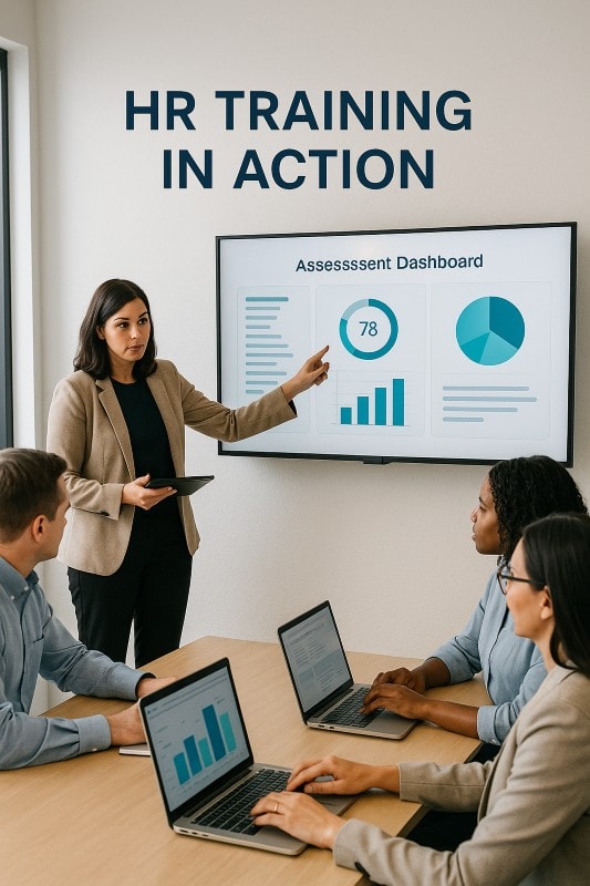 HR training session with facilitator presenting an assessment dashboard to a diverse team using laptops, highlighting data-driven insights for smarter hiring decisions.