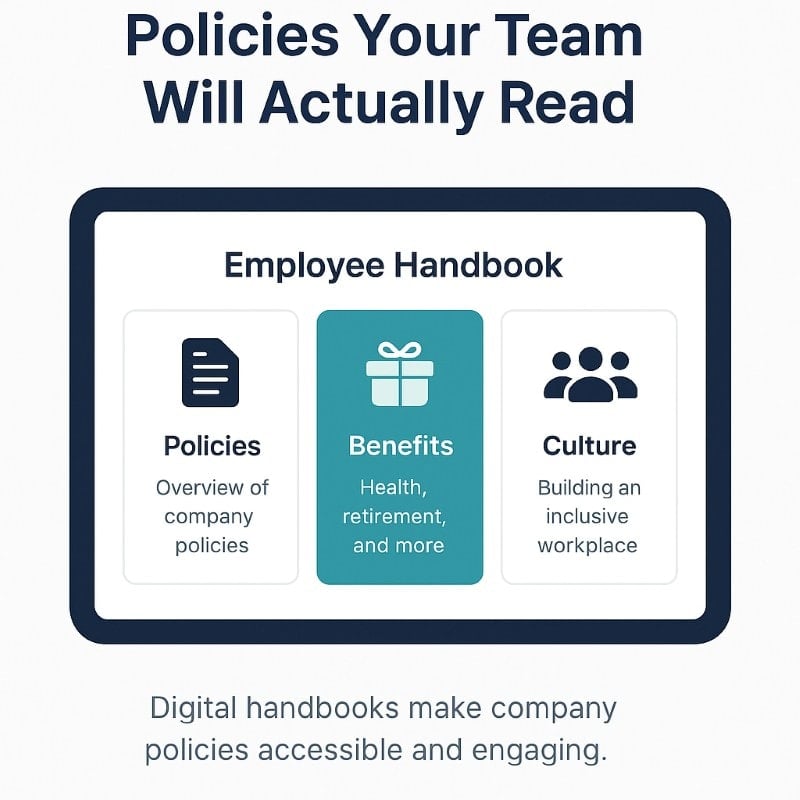 Infographic of a digital employee handbook displayed on a tablet, highlighting clickable sections for policies, benefits, and culture to show how digital handbooks make company policies more accessible and engaging.