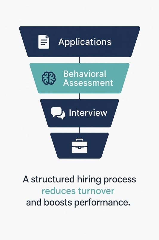 Vertical hiring funnel graphic showing candidate journey from applications to behavioral assessment, interview, and onboarding, with caption highlighting that a structured hiring process reduces turnover and boosts performance.